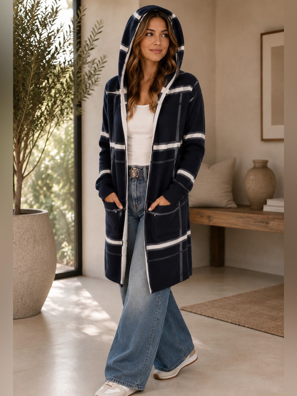 Plaid Hooded Open-Front Cardigan Sweater - Navy